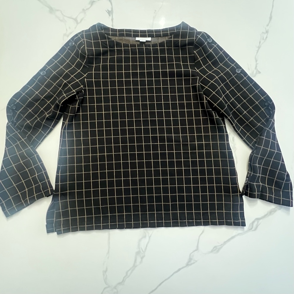 J. Jill women's boat neck windowpane ponte knit tunic top in black and tan. S